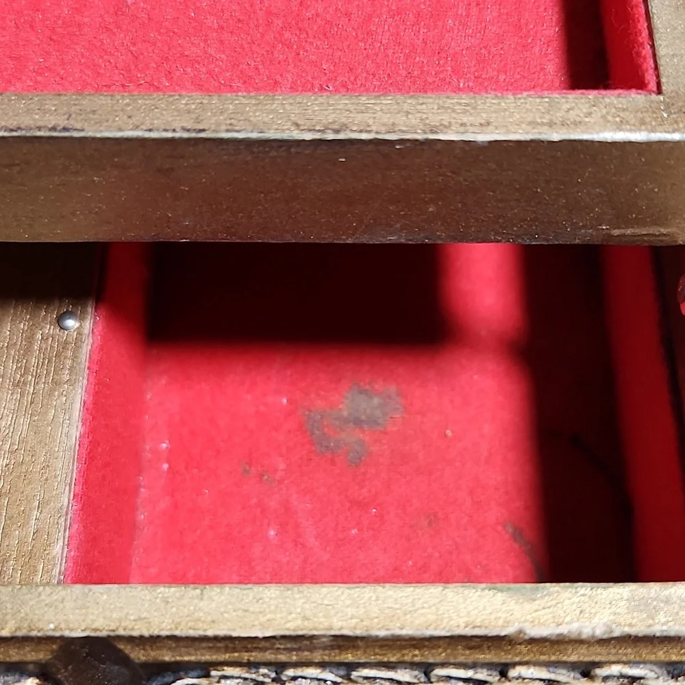 VINTAGE Wood Wind Up Music Jewelry Box Silky Print Antoine Watteau Foote…